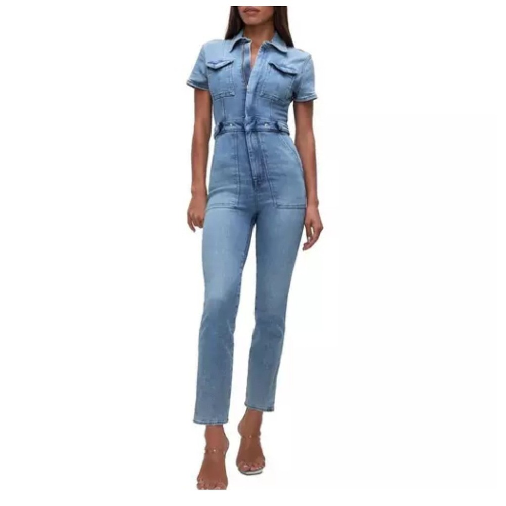 NWT Good American Womens Blue Short Sleeve Fit For Success Denim Jumpsuit Size M